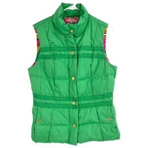 Lilly Pulitzer Kate Puffer Vest Green w/ Floral Lining Full Zip Snap Women's M